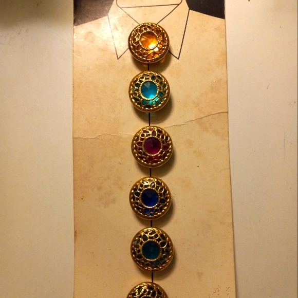 Not new,never used,6pc assorted faux glass colored button covers with gold edges - Picture 1 of 2